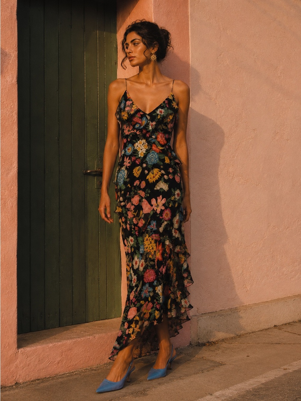Mannequines vintage silk black colorful floral ruffled asymmetrical slip dress